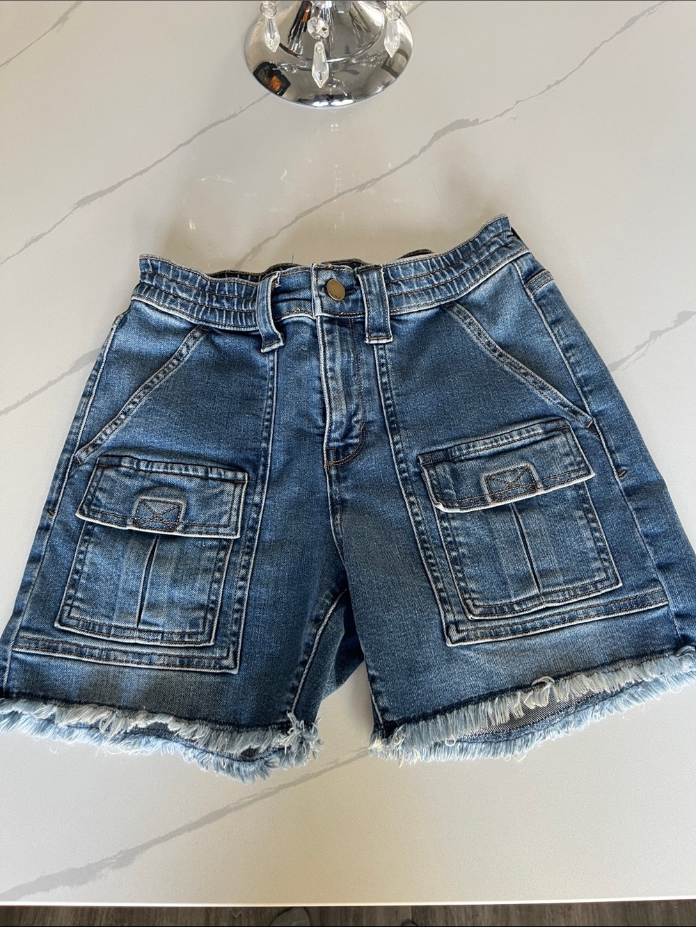 a.n.a Blue Denim Cargo Shorts with Frayed Hem